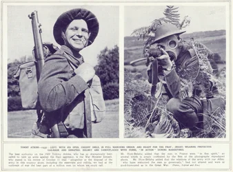 Tommy Atkins, with cheery smile and in full marching order and with protective gas mask and camouflage, ready for the fray, from The Illustrated War News, published 8th November 1939